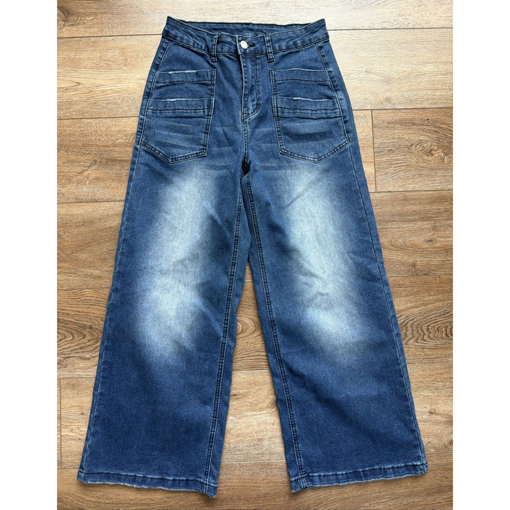 Women's Dark Blue Wide-Leg Jeans HIgh Waist Y2K Denim Streetwear Baggy Size Med - Picture 2 of 11